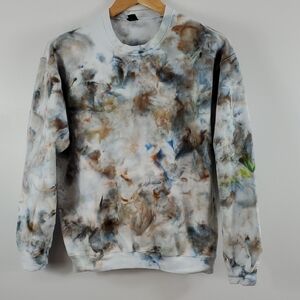 Brown and Blue Crewneck Sweater with Artistic Tie-Dye - M
